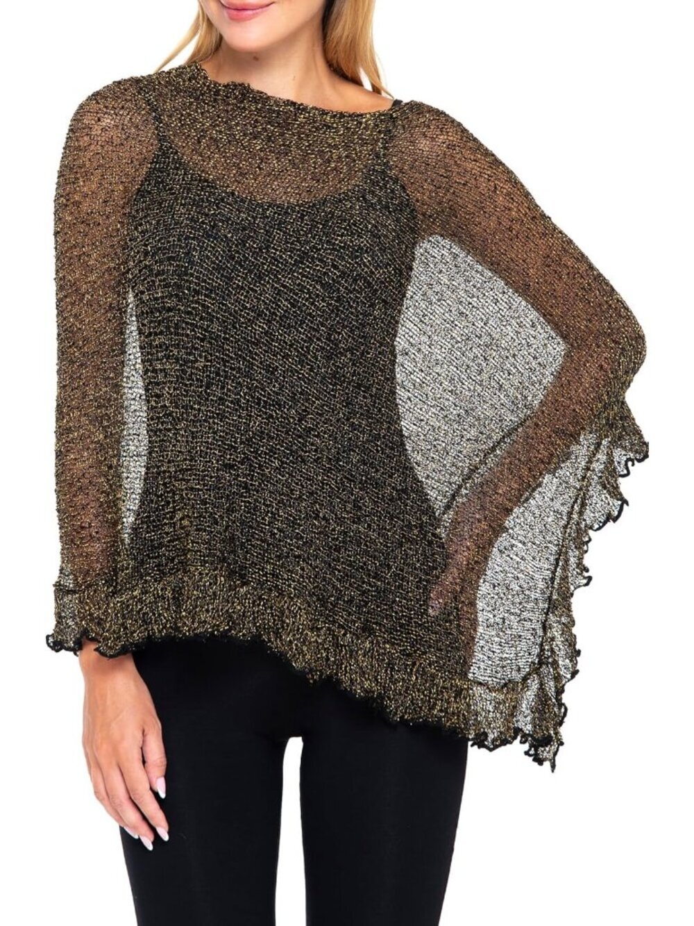 Women’s Black Gold Sheer Knit Poncho Shrug Lightweight Asymmetrical Ruffle Wraps